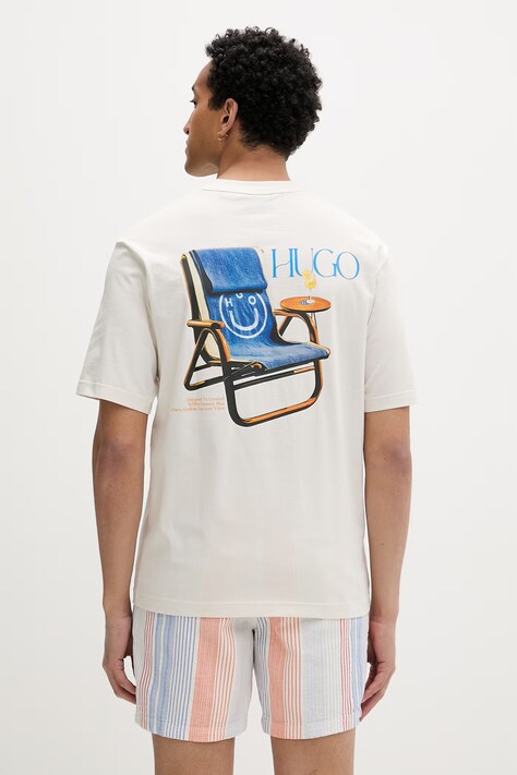 HUGO Blue T-shirt męski bawełniany Nulaxo beżowy 50560093
