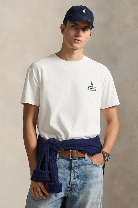 Polo Ralph Lauren t-shirt bawełniany JERSEY-SSL-TSH męski kolor biały z aplikacją 710981136504