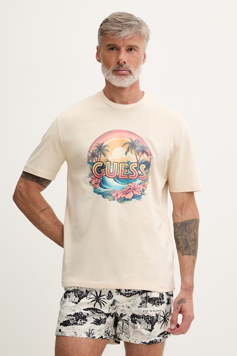 Guess t-shirt męski bawełniany beżowy F6GI08 K8FQ4