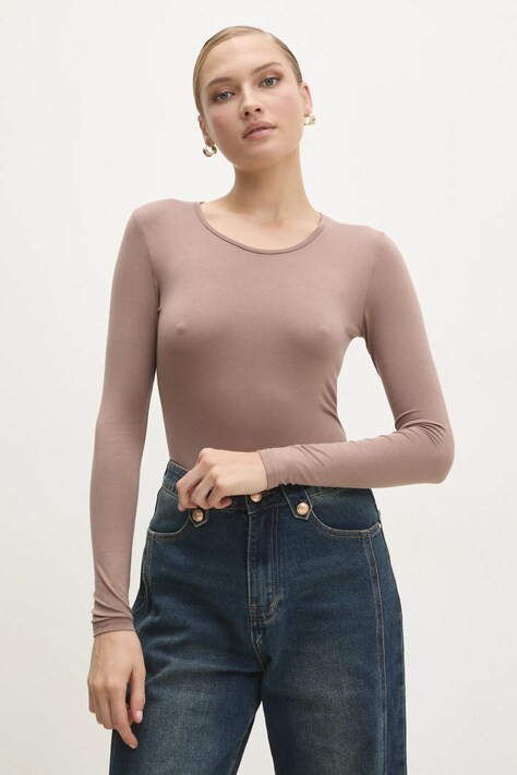 Answear Lab longsleeve din mătase culoarea bej