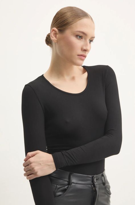 Answear Lab longsleeve din mătase culoarea negru