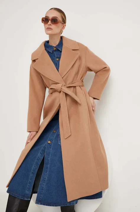 Answear Lab płaszcz wełniany kolor brązowy przejściowy oversize