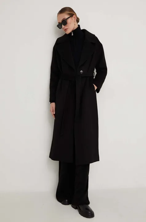 Answear Lab płaszcz wełniany kolor czarny przejściowy oversize