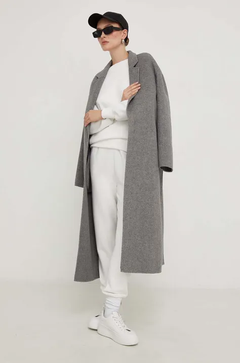 Vuneni kaput Answear Lab boja: siva, za prijelazno razdoblje, oversize