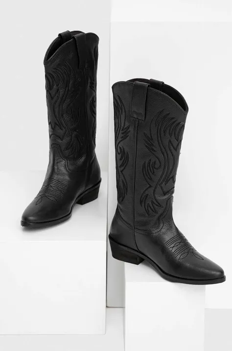 Kožené kovbojské topánky Answear Lab dámske, čierna farba, na podpätku, jemne zateplené