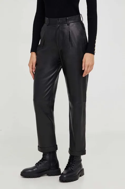 Kožené nohavice Answear Lab X limitovaná kolekcia NO SHAME dámske, čierna farba, rovné, vysoký pás