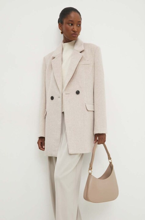 Answear.LAB płaszcz wełniany kolor beżowy przejściowy dwurzędowy