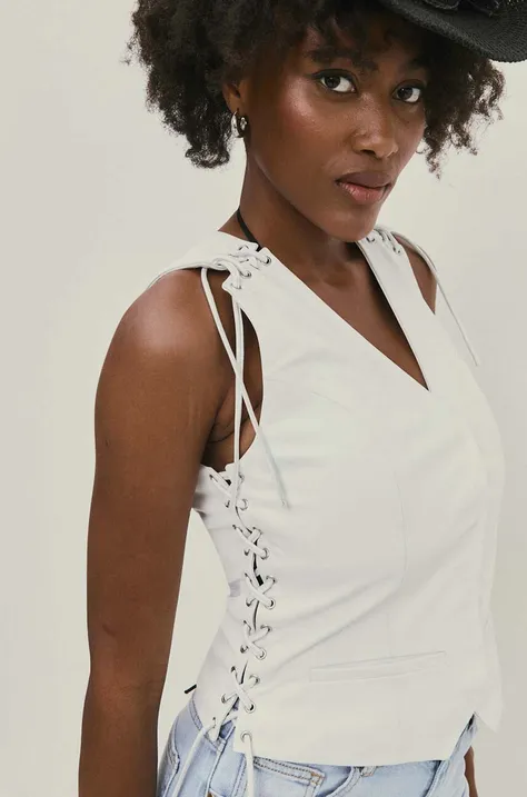 Kožená vesta Answear Lab biela farba, jednoradová