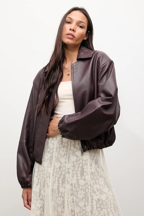 Kožená bunda Answear.LAB vínová barva, přechodná, oversize