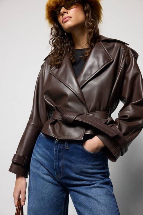 Kožená bunda Answear.LAB hnedá farba, prechodná, oversize