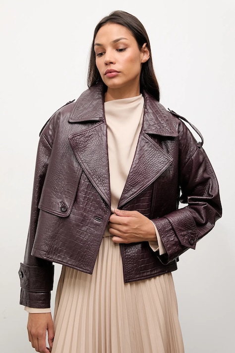 Kožená bunda Answear.LAB bordová farba, prechodná, oversize