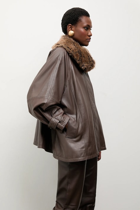 Answear.LAB kurtka skórzana kolor brązowy przejściowa oversize