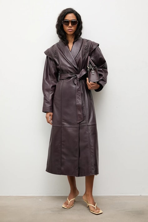 Kožený kabát Answear.LAB bordová farba