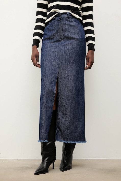 Rifľová sukňa Answear.LAB modrá farba, maxi, rovný strih