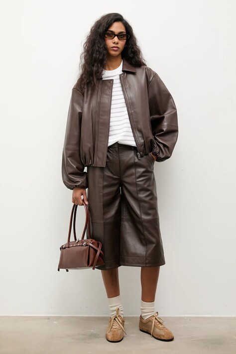 Kožené kalhoty Answear.LAB dámské, hnědá barva, high waist