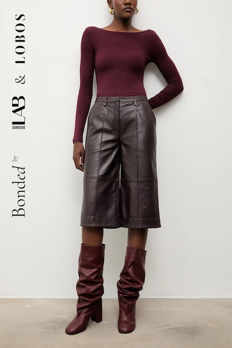 Answear.LAB spodnie skórzane damskie kolor bordowy szerokie high waist