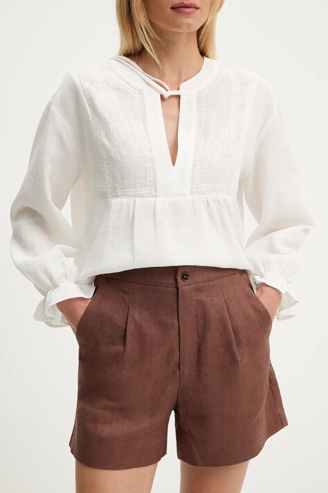 Answear.LAB szorty lniane damskie kolor brązowy gładkie high waist