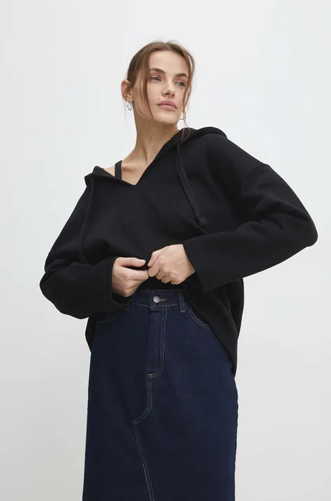 Answear Lab bluza damska kolor czarny z kapturem gładka