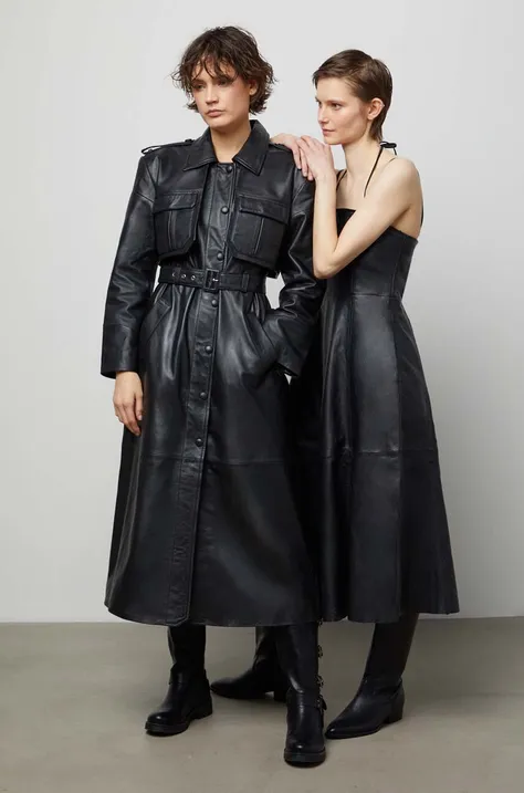 Kožený kabát Answear Lab dámsky, čierna farba, prechodný