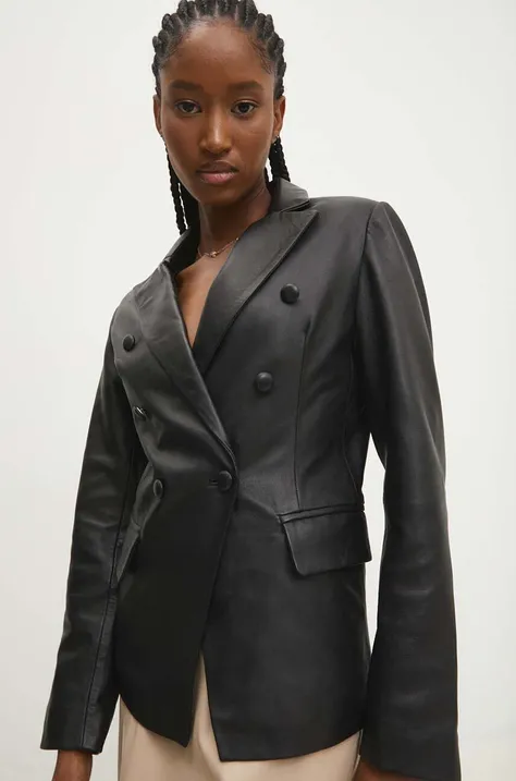 Кожаный пиджак Answear Lab цвет чёрный двубортный однотонная