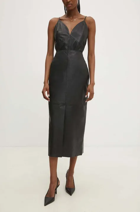 Kožená sukňa Answear Lab čierna farba, midi, rovný strih