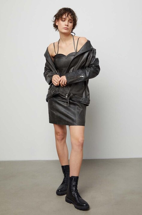 Answear Lab rochie de piele culoarea gri, mini, dreaptă