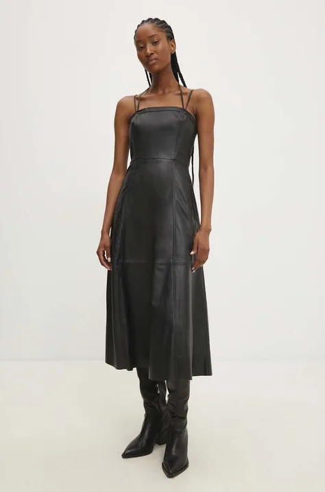 Kožené šaty Answear Lab čierna farba, midi, áčkový strih