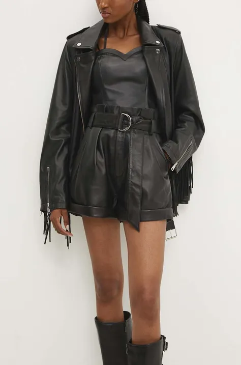 Kožené krátke nohavice Answear Lab dámske, čierna farba, jednofarebné, vysoký pás