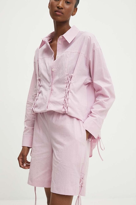 Answear Lab pantaloni scurti din bumbac culoarea roz, neted, high waist