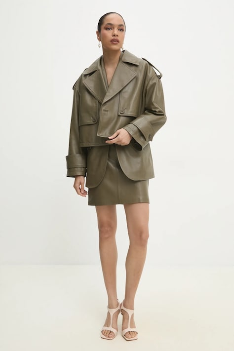 Answear.LAB kurtka skórzana kolor zielony przejściowa