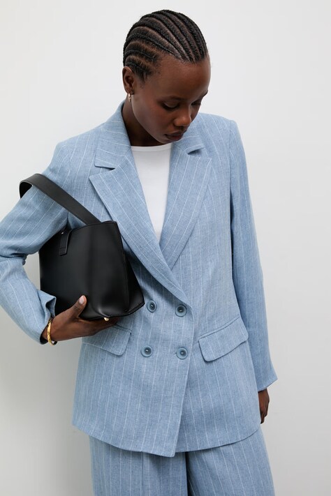 Answear.LAB marynarka dwurzędowa damska z dodatkiem lnu niebieska