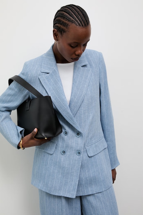 Answear.LAB marynarka dwurzędowa damska z dodatkiem lnu niebieska