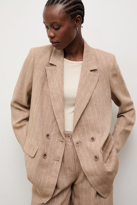 Answear.LAB marynarka dwurzędowa damska z dodatkiem lnu beżowa