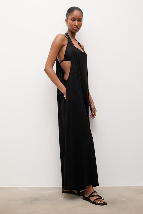 Answear.LAB kombinezon z domieszką lnu kolor czarny z domieszką lnu z dekoltem okrągłym