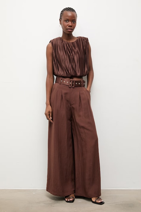 Answear.LAB spodnie damskie z lyocellem brązowe high waist