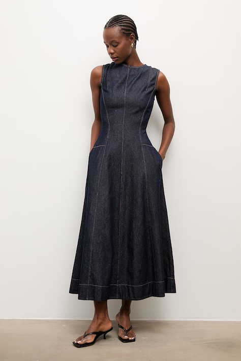 Answear.LAB rochie jeans culoarea albastru marin, midi, evazati