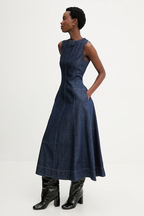 Answear.LAB sukienka jeansowa kolor granatowy midi rozkloszowana
