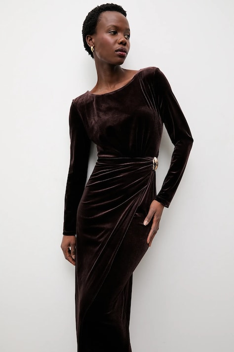 Answear.LAB sukienka welurowa kolor brązowy maxi dopasowana