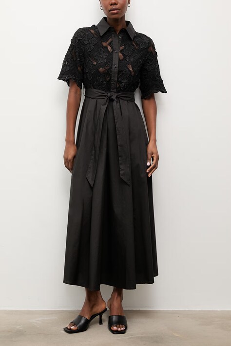 Answear.LAB sukienka rozkloszowana bawełniana czarna z koronkowymi wstawkami