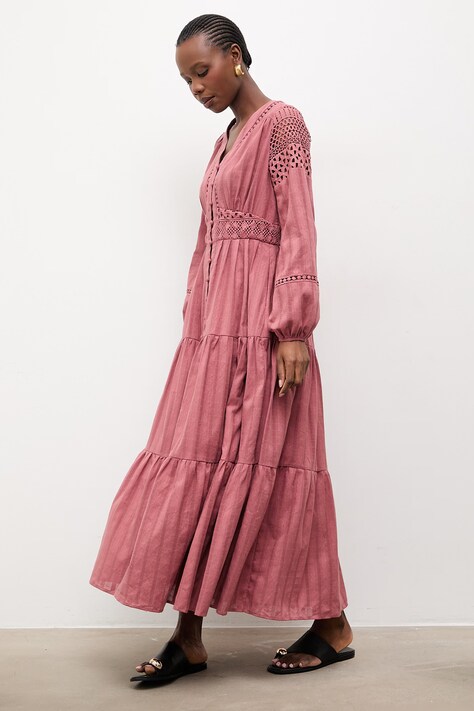 Answear.LAB sukienka bawełniana kolor różowy maxi rozkloszowana
