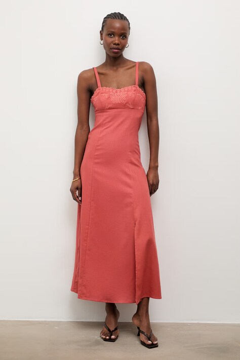 Answear.LAB sukienka z dodatkiem lnu pomarańczowa gładka