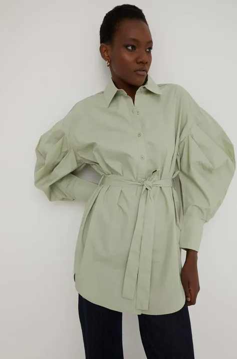 Памучна риза Answear Lab дамска в зелено със свободна кройка с класическа яка