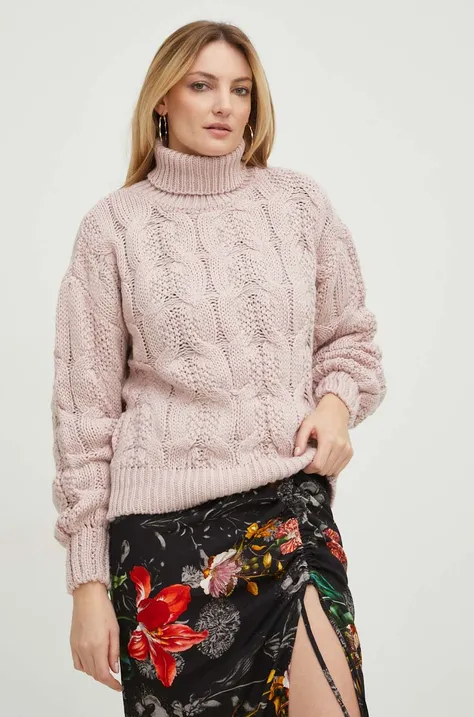 Пуловер с вълна Answear Lab дамски в розово от топла материя с поло