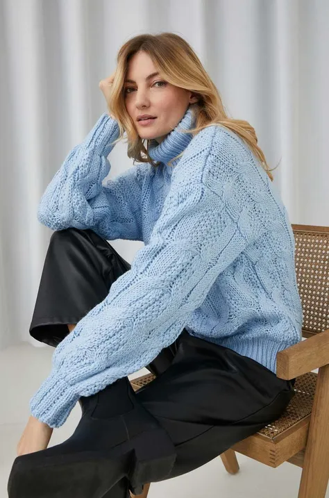 Answear Lab sweter z wełną damski kolor niebieski ciepły z golfem