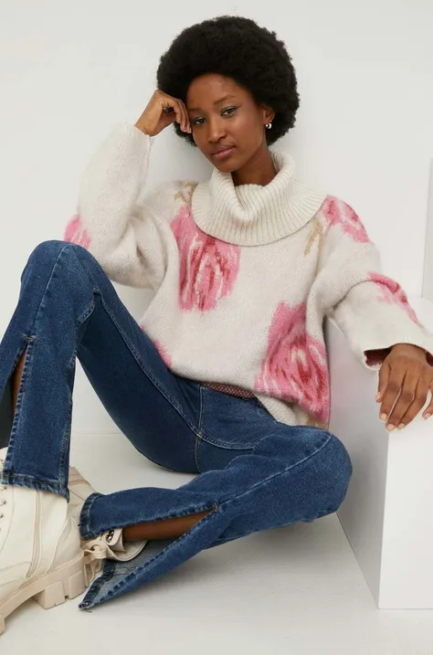 Vuneni pulover Answear Lab za žene, boja: bijela, topli, s dolčevitom