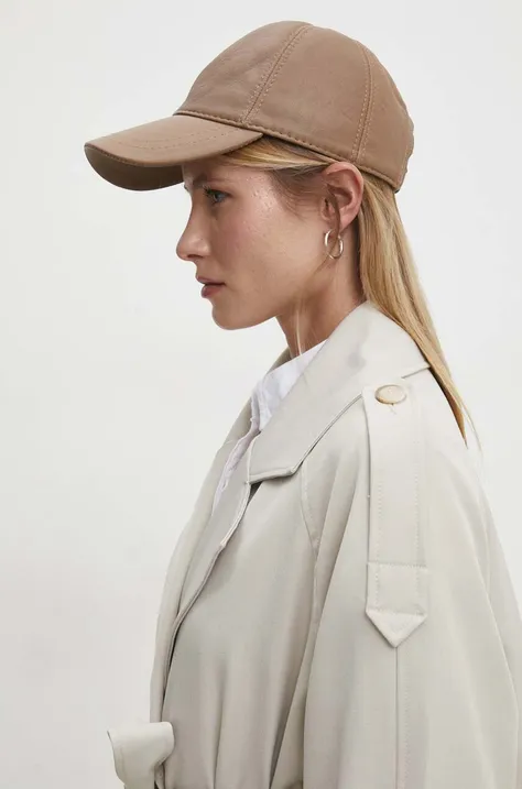Answear Lab czapka z daszkiem skórzana kolor brązowy gładka