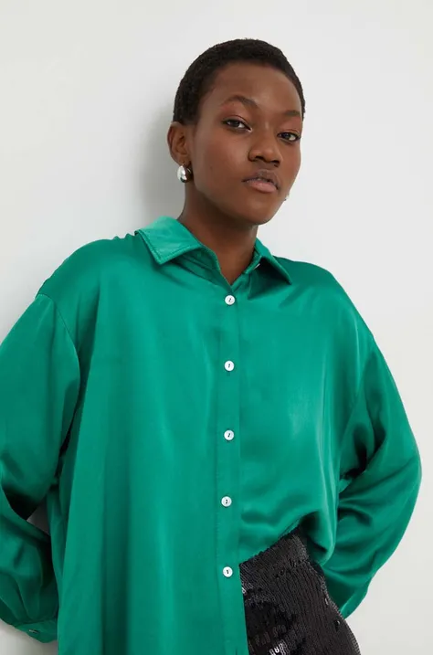 Answear Lab koszula z domieszką jedwabiu kolor zielony relaxed z kołnierzykiem klasycznym