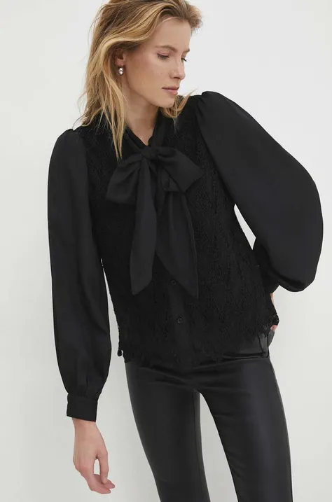 Košulja Answear Lab za žene, boja: crna, regular, s izrezom na vezanje