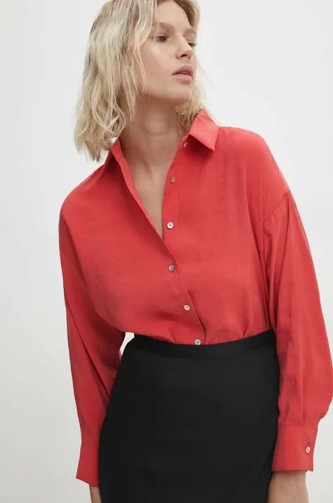 Риза Answear Lab дамска в червено със свободна кройка с класическа яка