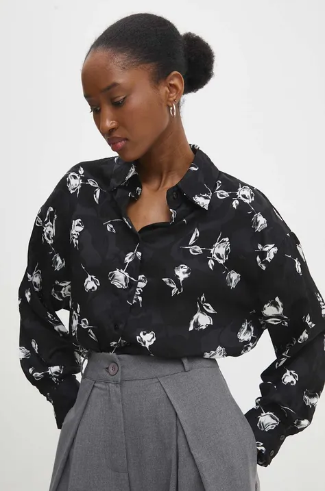 Риза Answear Lab дамска в черно със свободна кройка с класическа яка